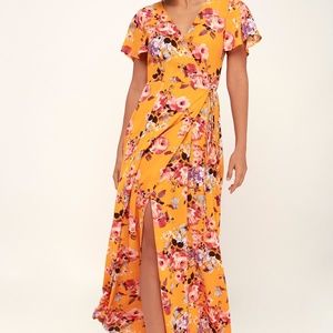 Yellow Floral Print Wrap Maxi Dress small